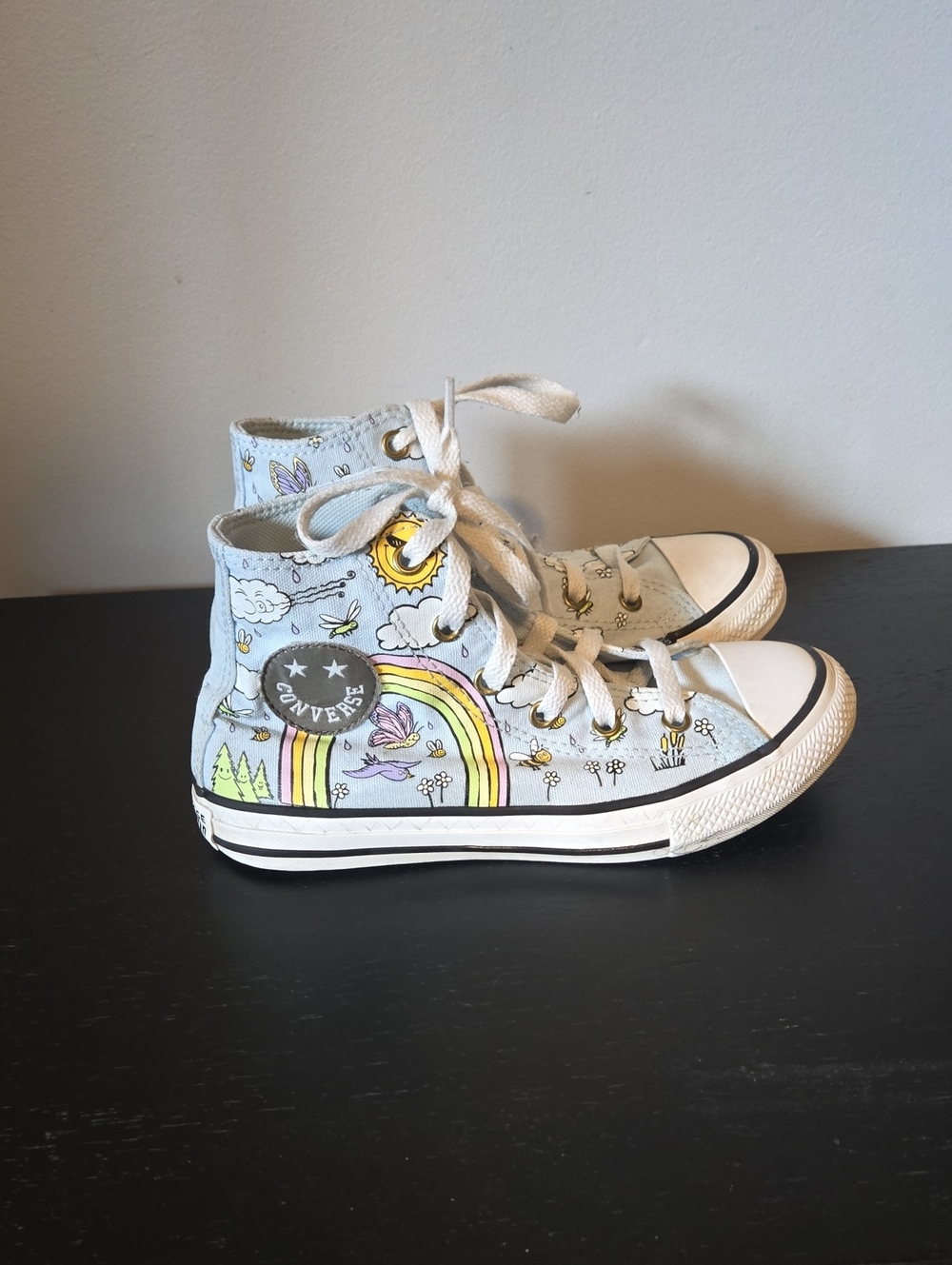 Converse Light Blue High Tops with Pastel Rainbow & Cloud Artwork